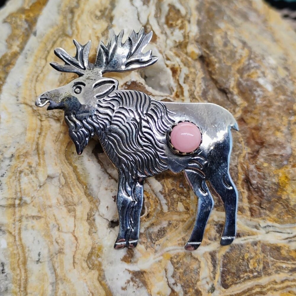 Sterling Silver Pink Conch Shell Moose Elk Pendant 2" Long - Picture 1 of 7
